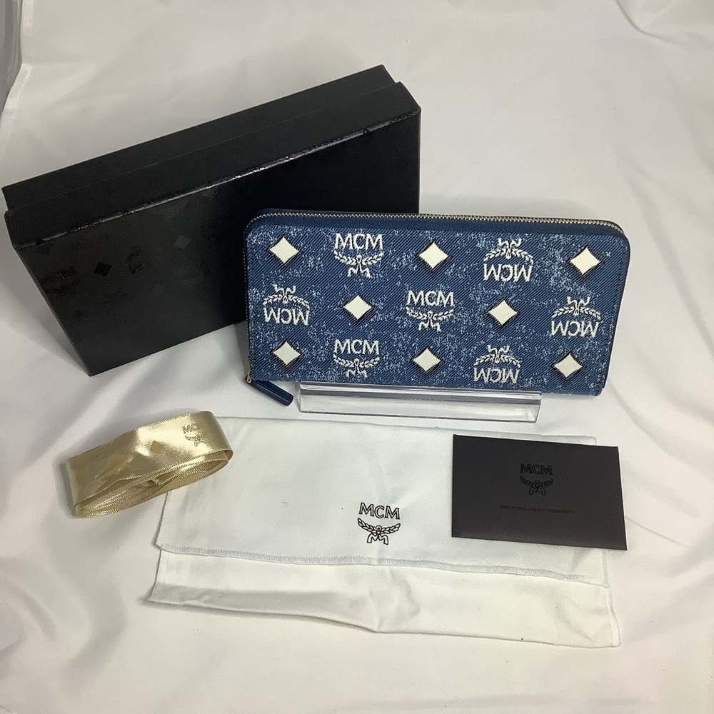 NEW MCM Denim Blue and Cream Logo Wallet
